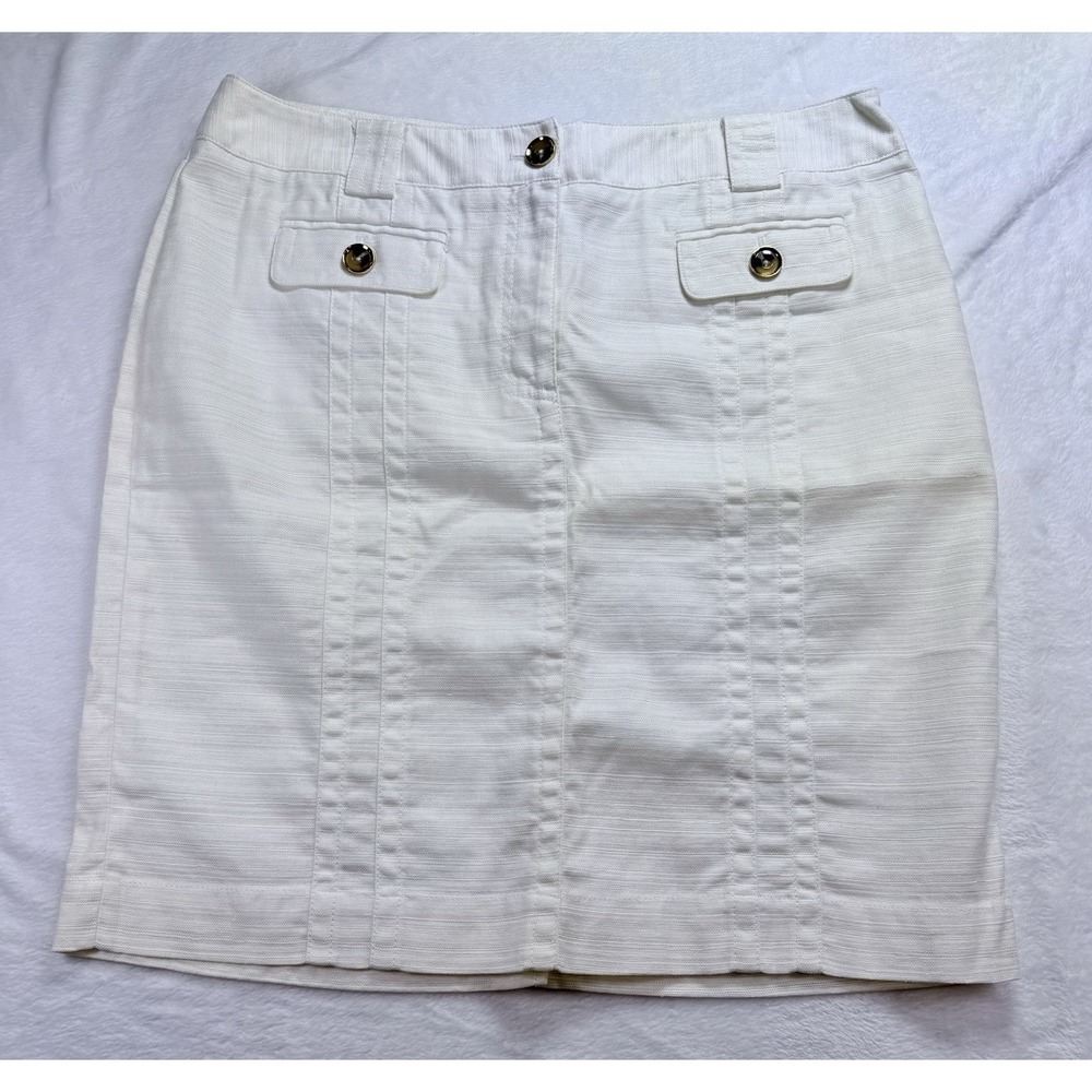 Jones New York Signature Ivory Pencil Skirt Pockets Buttons Linen Blend Sz 14